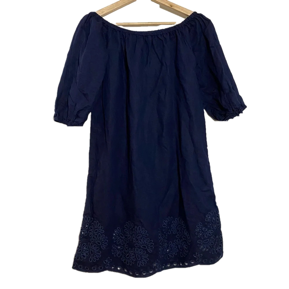 J. Crew navy midi linen holiday dress bohemian vacation beach  floral embroidery
